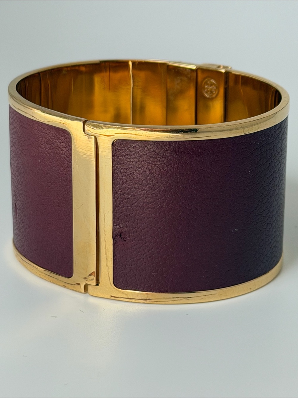 Tory Burch Burgundy Leather Gold Tone Wide Cuff Bracelet - Picture 7 of 9